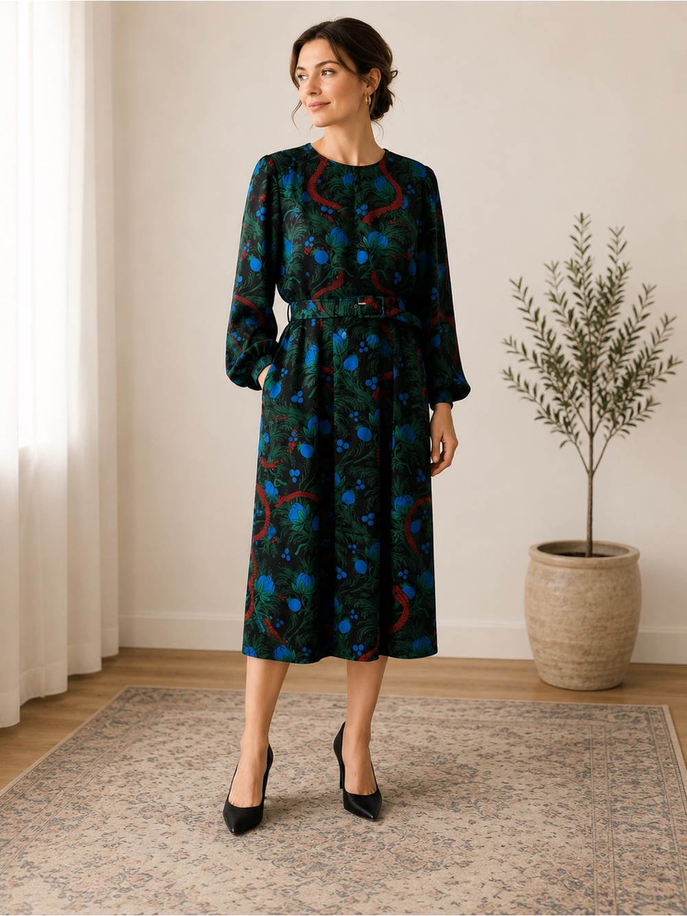 Tuckernuck Women’s Serpentine Vines Bex Dress Batwing Sleeve Belted Waist. Sz LG
